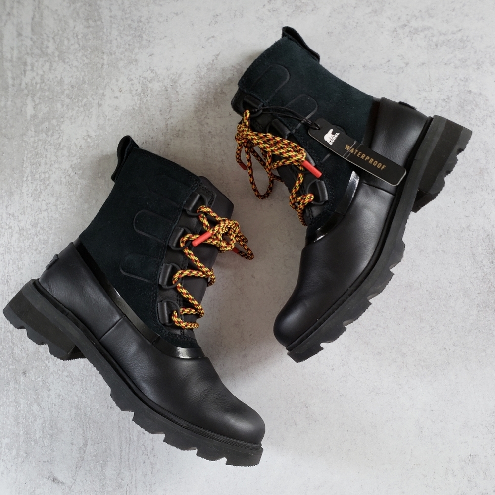 Sorel Black Lennox Street Leather Hiking Boots Winter Snow Lace up SZ 7